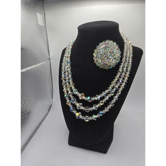 Vintage Triple Strand Graduated AB Necklace Plus brooch Set 1940s Demi Parure - Picture 3 of 8